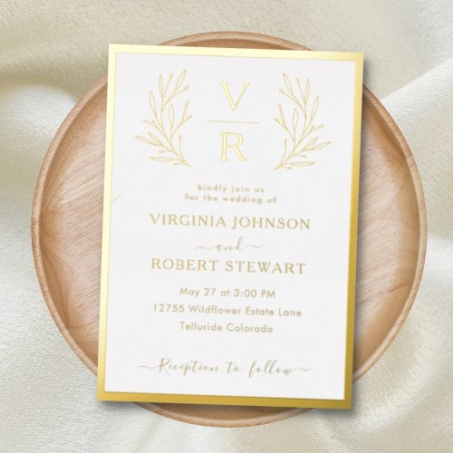 Modern Boho Monogram  Gold Leaf Frame Wedding Foil Invitation