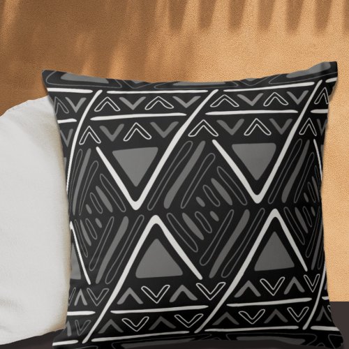 Modern Boho Mud Cloth Pattern Black Throw Pillow