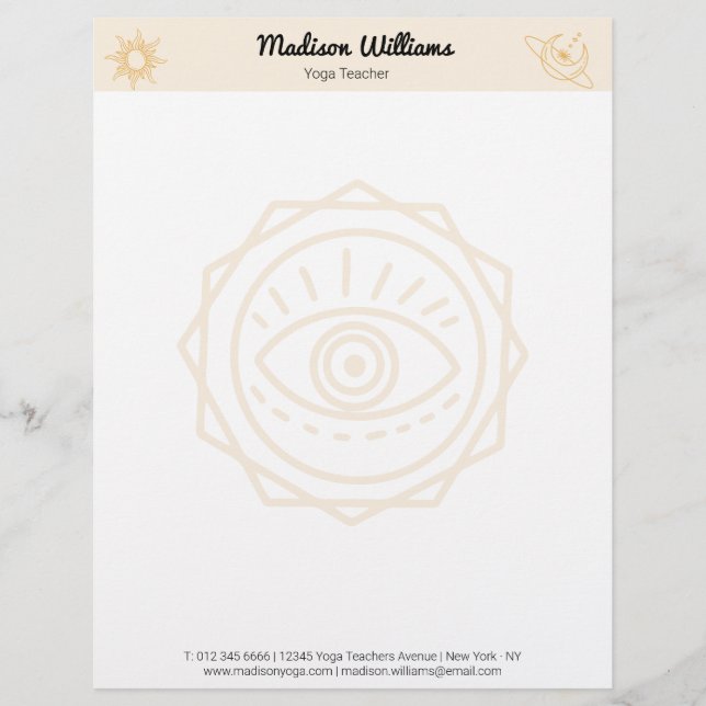 Modern Boho Mystical Yellow Sun and Moon Yoga Letterhead (Front)
