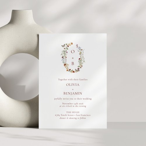 Modern Boho Nature Wildflowers Monogram Wedding  Invitation