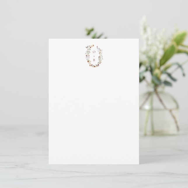 Modern Boho Nature Wildflowers Monogram Wedding  Note Card (Standing Front)