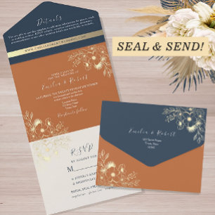 Modern Boho Navy and Terracotta Wedding All In One Invitation