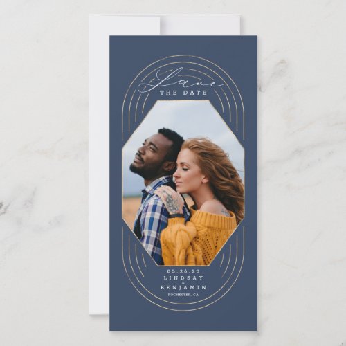 Modern Boho Navy Blue and Gold Save The Date Photo
