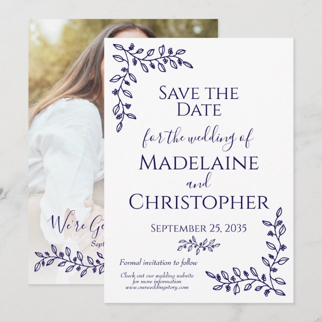 Modern Boho Navy Blue Botanical Photo Wedding Save The Date (Front/Back)