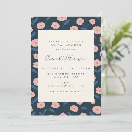 Modern Boho Navy Flowers Bridal Shower Invitation