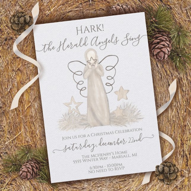 Modern Boho Neutral Herald Angel Christmas Invitation (Creator Uploaded)