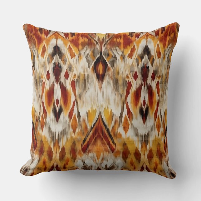 Modern Boho Neutrals Brown Orange Ikat Tribal Throw Pillow (Front)