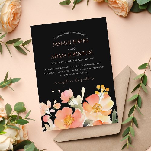 Modern Boho Orange Peach and Black Floral Wedding Invitation