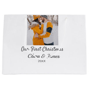 Modern boho our first Christmas photo couple name  Large Gift Bag