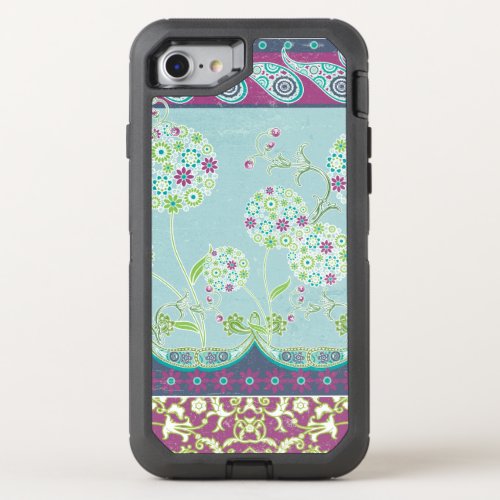 Modern Boho Paisley Floral Navy Purple Leaf Swirl OtterBox Defender iPhone SE87 Case