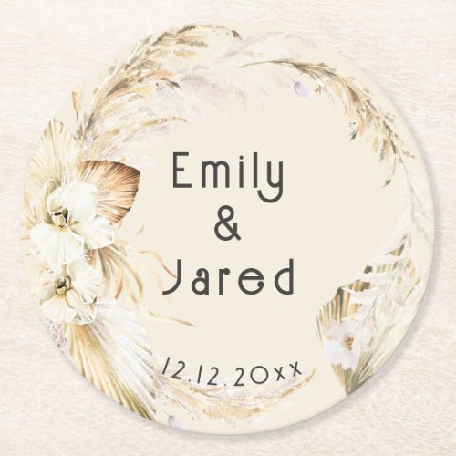 Modern Boho Palm Orchids Wedding  Round Paper Coaster