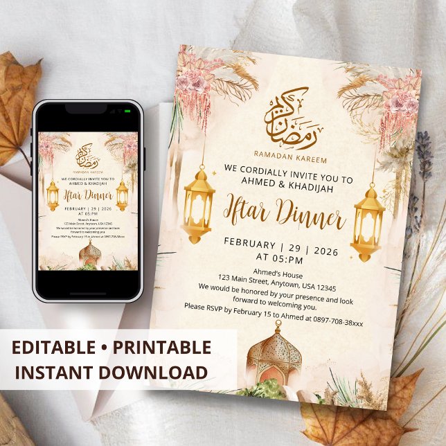 Modern Boho Pampas and Gold Lantern Iftar Dinner Invitation (Creator Uploaded)