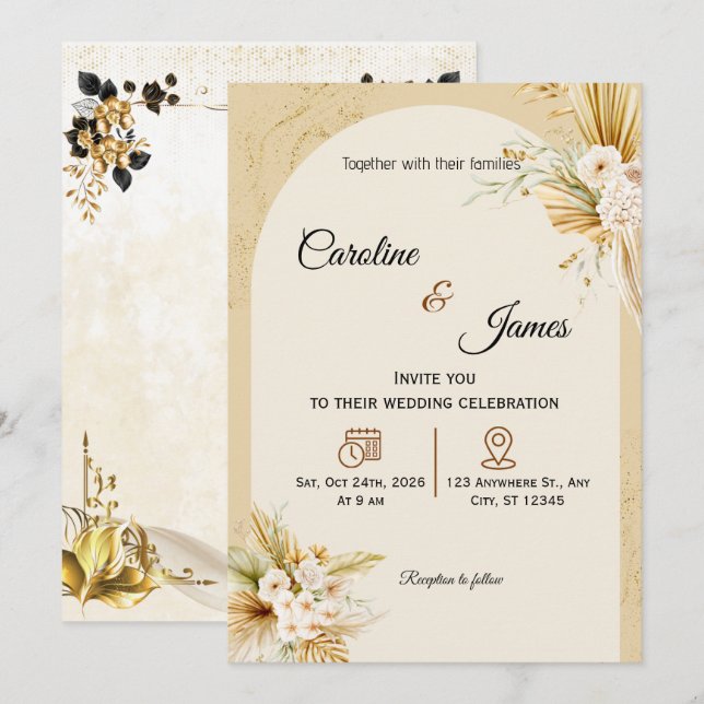 Modern Boho Pampas Grass Arch Wedding Invitation (Front/Back)
