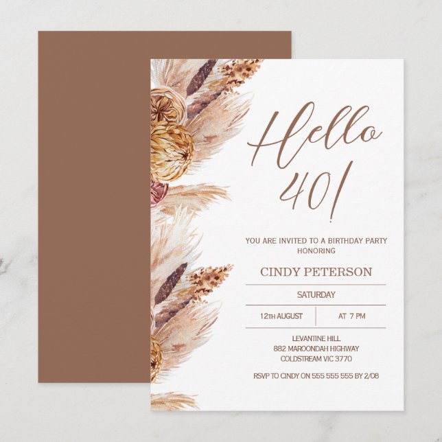 Modern Boho Pampas Grass Birthday Invitation (Front/Back)