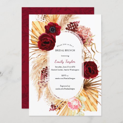 Modern Boho Pampas Grass Burgundy Bridal Brunch Invitation