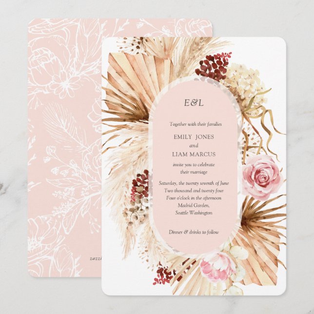 Modern Boho Pampas Grass Floral Arch Blush PInk Invitation (Front/Back)