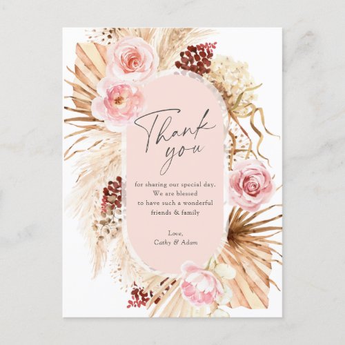 Modern Boho Pampas Grass Floral Arch Thank You Postcard