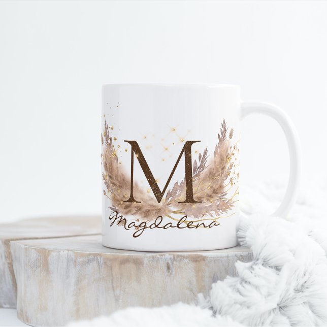 Modern Boho Pampas Grass Glam Fx Glitter Monogram Coffee Mug (Creator Uploaded)