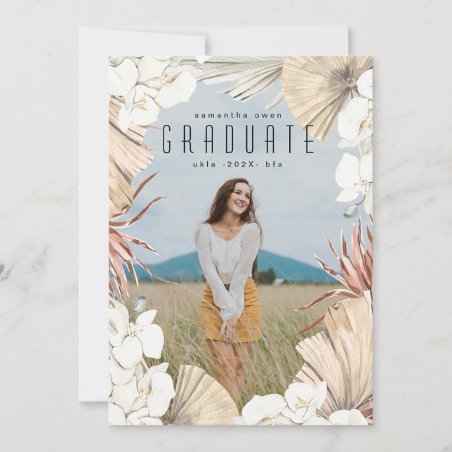Modern Boho Pampas Grass Graduate Photo University Announcement (Front)