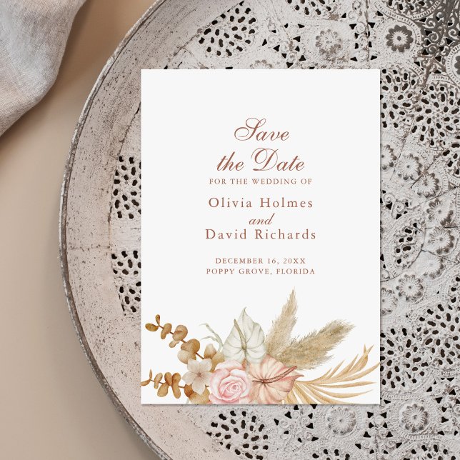 Modern Boho Pampas Grass Minimal Save the Date (Modern Boho Pampas Grass Save the Date Card on a beautiful neutral boho plate.)
