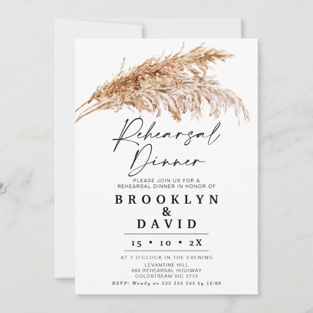 Modern Boho Pampas Grass Rehearsal Dinner Invitation (Front)