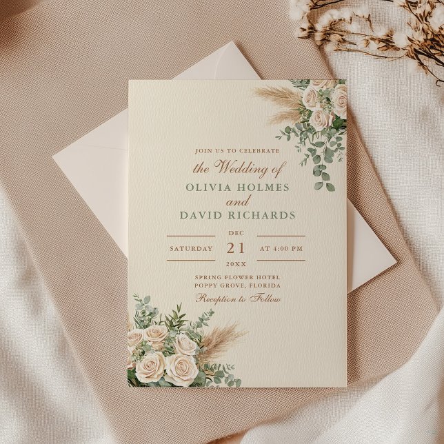 Modern Boho Pampas Grass & White Rose Wedding Invitation (Modern Boho Pampas Grass & White Rose Wedding Invitation with an envelope on an elegant table)