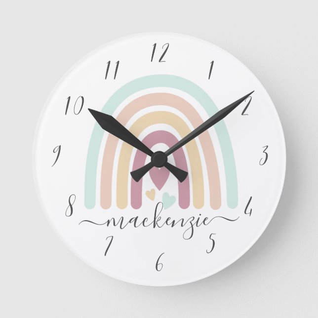 Modern Boho Pastel Rainbow & Hearts Round Clock (Front)