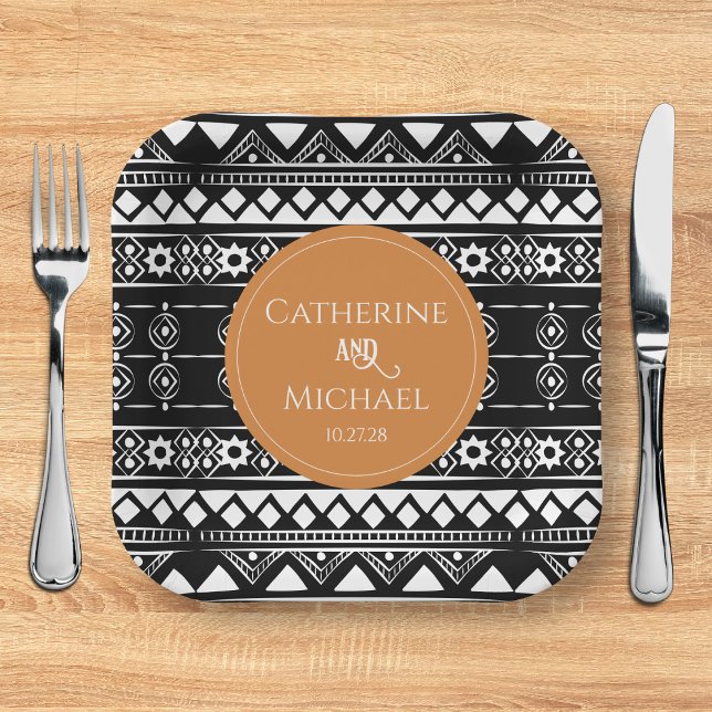Modern Boho Pattern Burnt Orange Wedding Paper Plates (Creator Uploaded)