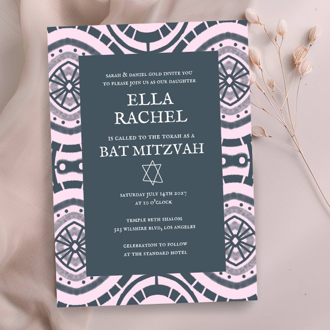 Modern Boho Pattern Custom B'nai Bat Bar Mitzvah  Invitation (Modern Boho Pattern Custom B'nai Bat Bar Mitzvah Invitation
Pink )