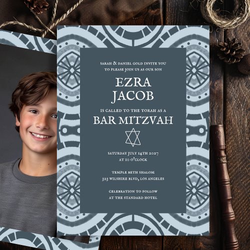 Modern Boho Pattern Custom Photo Bat Bar Mitzvah  Invitation