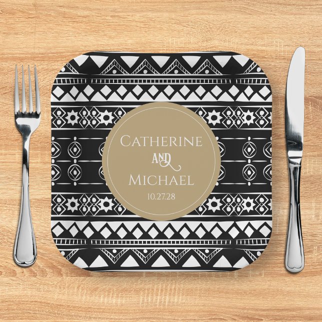 Modern Boho Pattern Gold Wedding Paper Plates (Creator Uploaded)