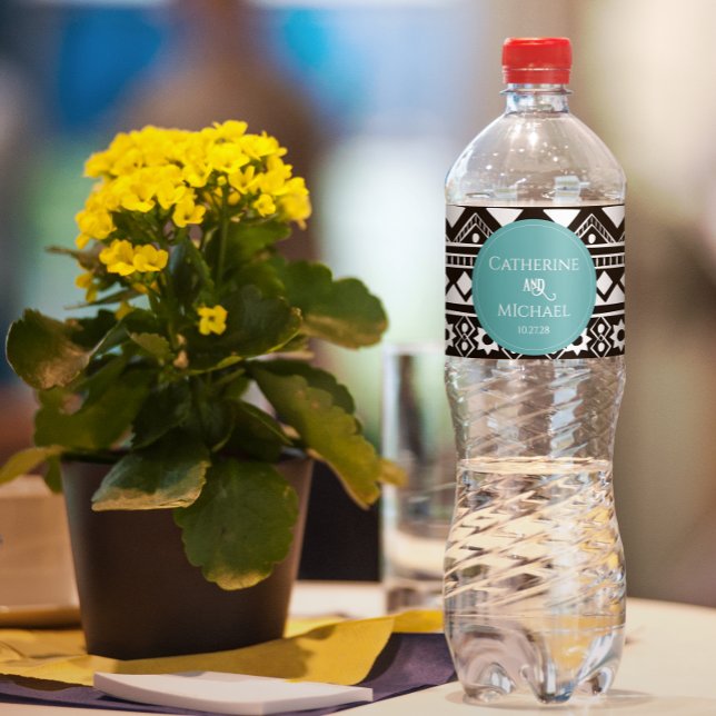 Modern Boho Pattern Green Wedding Water Bottle Label (Creator Uploaded)