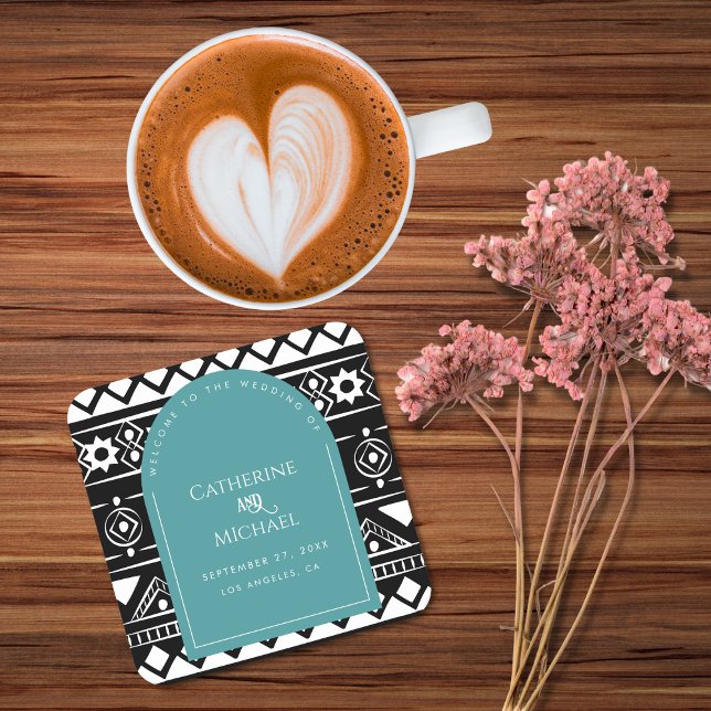 Modern Boho Pattern Wedding Arch Green Square Paper Coaster (Creator Uploaded)