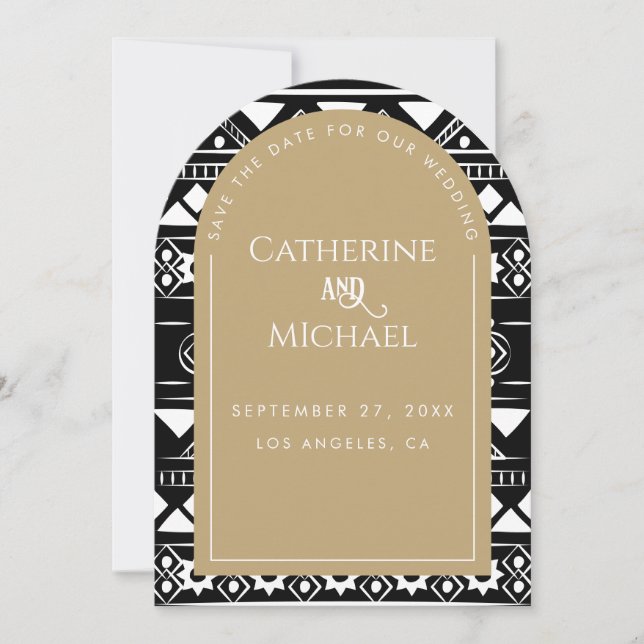 Modern Boho Pattern Wedding Photo Arch Gold Save The Date (Front)