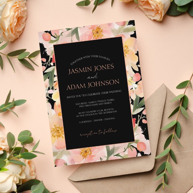 Modern Boho Peach Orange and Black Floral Wedding Invitation (Creator Uploaded)