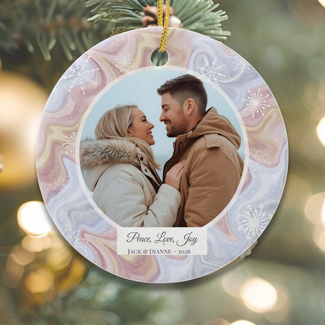 Modern Boho Personalized Round Photo Ornament (Modern Boho Circle Ceramic Holiday Photo Ornament)