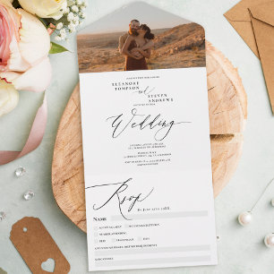 Modern boho photo chic calligraphy wedding all in one invitation
