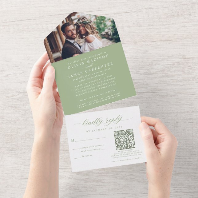 Modern Boho Photo RSVP QR Code Sage Green Wedding All In One Invitation (Tearaway)