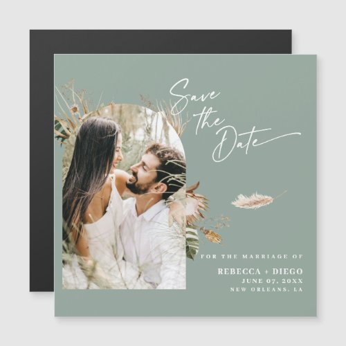 Modern Boho Photo Save The Date Sage Magnetic Card