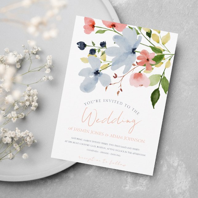 Modern Boho Pink and Blue Floral Wedding Invitation (Creator Uploaded)