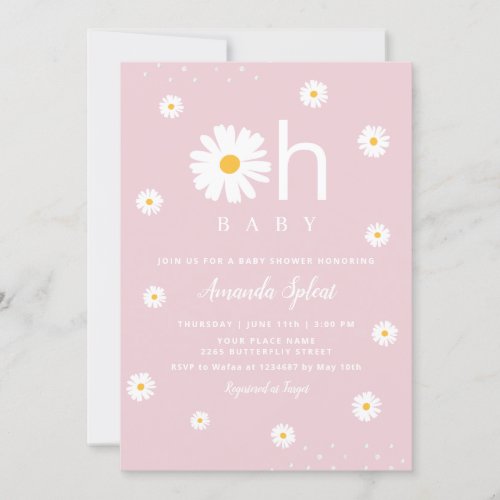 Modern Boho Pink Daisy Floral Baby Girl Shower Invitation