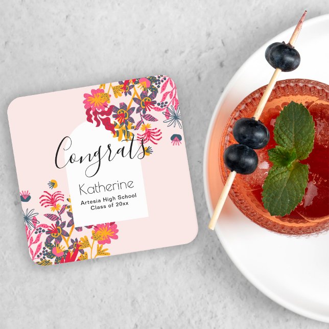 Modern Boho Pink Floral Arch Grad Party Square Paper Coaster (Creator Uploaded)