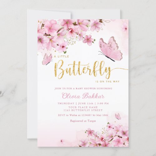 Modern Boho Pink Floral Butterfly Girl Baby Shower Invitation