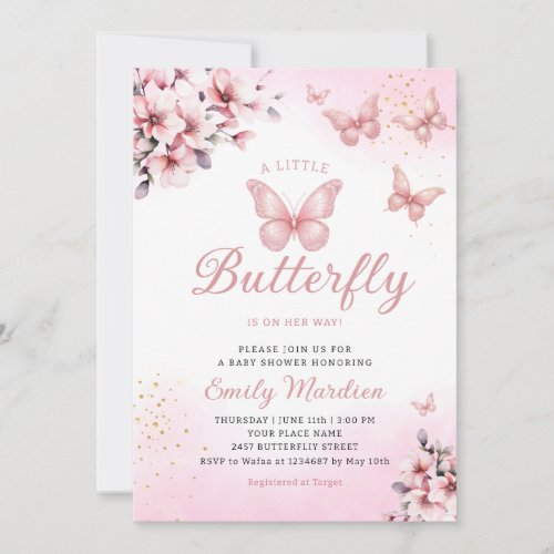 Modern Boho Pink Floral Butterfly Girl Baby Shower Invitation