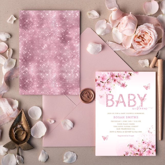 Modern Boho Pink Floral Butterfly Girl Baby Shower Invitation (Creator Uploaded)