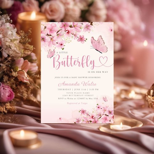 Modern Boho Pink Floral Butterfly Girl Baby Shower Invitation