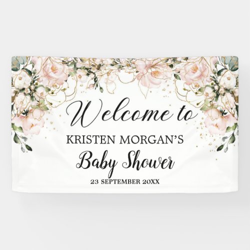 Modern Boho pink floral gold leaves baby shower Banner