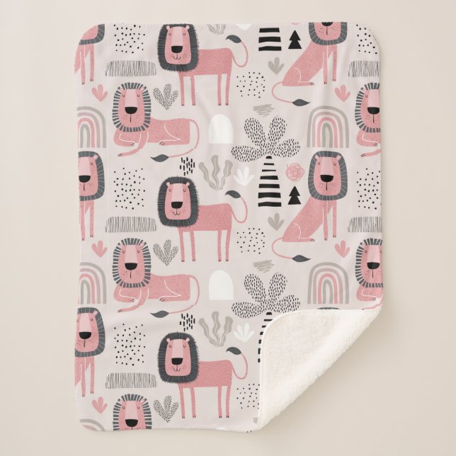 Modern Boho Pink Lions Rainbows Sherpa Blanket (Front)