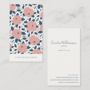 Modern Boho Pink Navy Blue Botanical Flowers Business Card