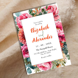 Modern Boho Pink Orange Watercolor Floral Wedding Invitation